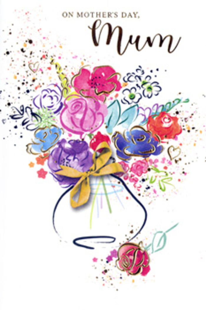 An exuberant, watercolour bouquet fills this Mother's Day card, its colours layered and alive like a quick yet thoughtful sketch from a florist's notebook in Eltham. The arrangement is a joyful mix of hot pinks, deep indigos, soft apricot tones, and fresh chartreuse greens, each hue brushed on in loose, confident strokes that overlap and blend at the edges. The petals are defined by delicate lines and subtle shadows rather than strict outlines, which makes the flowers feel as if they are gently unfurling on the page, much like blooms opening in gardens around SE9 as spring settles in. Tiny golden details thread through the composition, tracing the curves of petals and the tips of leaves, lending a warm, luminous highlight that suggests the quiet glow of a mother's embrace. Hearts and small splatters of colour drift around the main bouquet, softening the white space and adding a sense of motion, as though handfuls of confetti or fallen petals are suspended in mid-air. The vase beneath is whimsically rendered-a softly curved shape with dabs of blue and violet, cinched with a neat golden bow that speaks to tradition, ceremony, and the pleasure of giving. The entire card feels like a heartfelt thank-you captured in paint, merging spontaneity with deep intention. It evokes the way Flowers Eltham might design a bespoke Mother's Day arrangement: expressive, personal, and made to be remembered. This is not just an illustration, but a keepsake bouquet on paper, celebrating the unspoken love between mother and child in every carefully placed stroke.