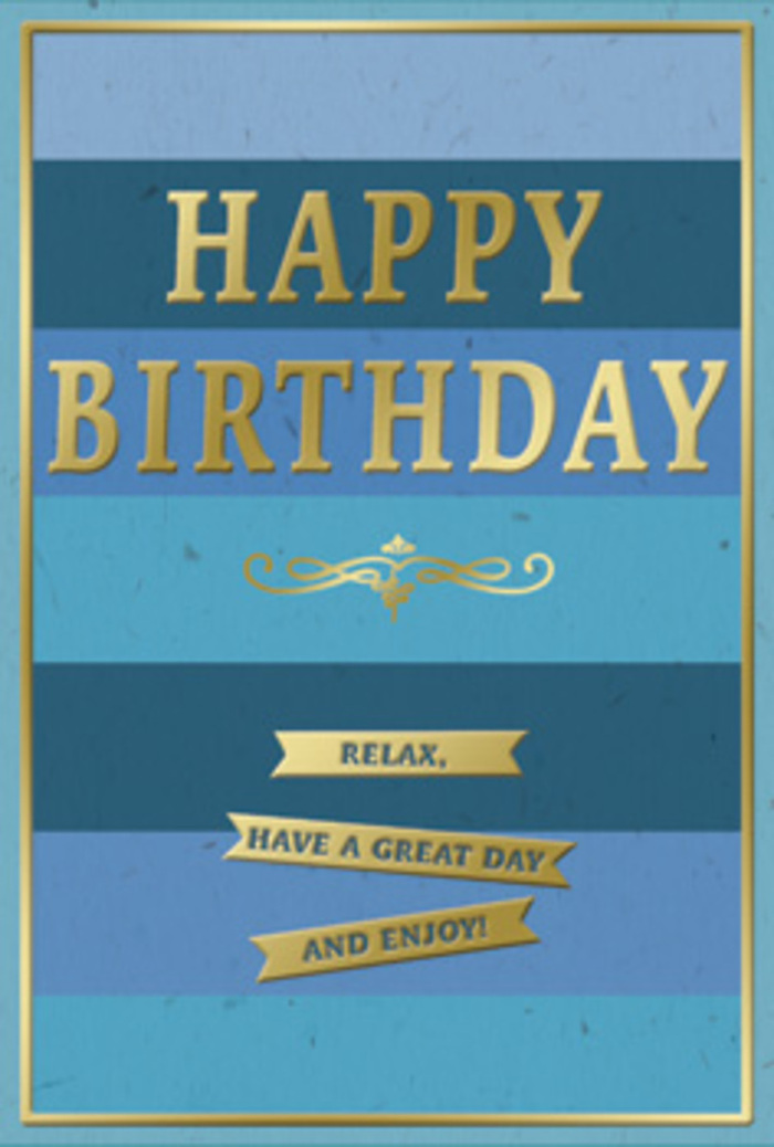 A sophisticated birthday card in layered blues and glowing gold rests as though just placed beside a fresh bouquet in an Eltham living room, ready to greet its recipient. The design is built around broad, horizontal stripes that sweep across the card from edge to edge, each band a distinct shade of blue. At the top, the colour is soft and pale, reminiscent of an early morning sky over Avery Hill Park, then it gradually deepens through turquoise, denim, and finally a strong, grounding navy at the base. The matte texture of these stripes diffuses the light, giving the surface a velvety, almost fabric-like quality that feels soothing to the eye. In the centre, the words HAPPY BIRTHDAY curve gently in tall, gold-embossed capital letters. The metallic gold is smooth and reflective, catching every small shift of light like the glint on shop windows along Eltham High Street, but with a softness that keeps the overall look elegant rather than flashy. Just below, a delicate scroll of gold filigree adds a hint of vintage refinement, as though inspired by classic stationery and old-world calligraphy. Under this flourish, three slim gold banners appear, stacked evenly down the lower section of the card. Each ribbon holds a part of the message: Relax, have a great day and enjoy! The script is clear and friendly, its raised gold ink echoing the texture of the main greeting. A narrow golden border traces the perimeter of the card, framing the blues like a picture in a subtle gilt frame. The whole piece feels calm, well-balanced, and quietly joyful-ideal for pairing with a birthday arrangement delivered across Eltham, where a simple, heartfelt card and flowers can transform an ordinary day into a cherished celebration.